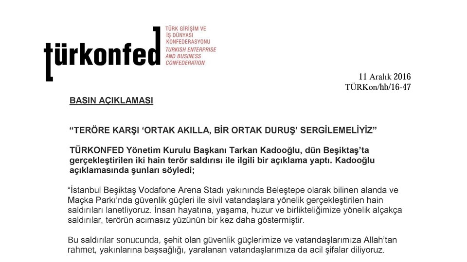 TÜRKONFED Başkanı Kadooğlu: "Teröre Karşı Ortak Akılla, Bir Ortak Duruş Sergilemeliyiz"