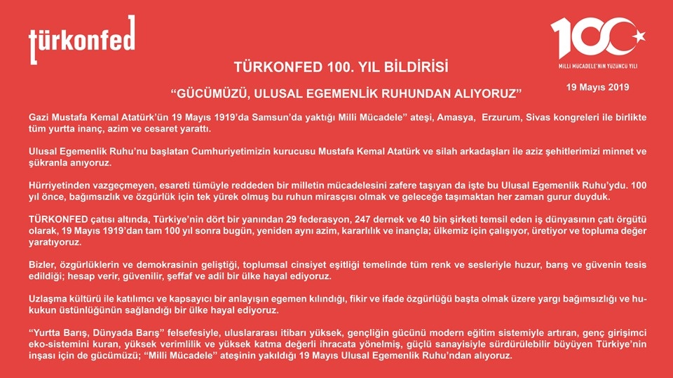 TÜRKONFED: Milli Mücadele'nin 100. Yılı Basın Açıklaması - 19 Mayıs 2019