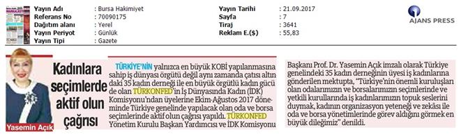 TÜRKONFED İDK'dan İş Kadınlarına Çağrı Basın Bülteni Medya Yansımaları-21 Eylül 2017 / İstanbul