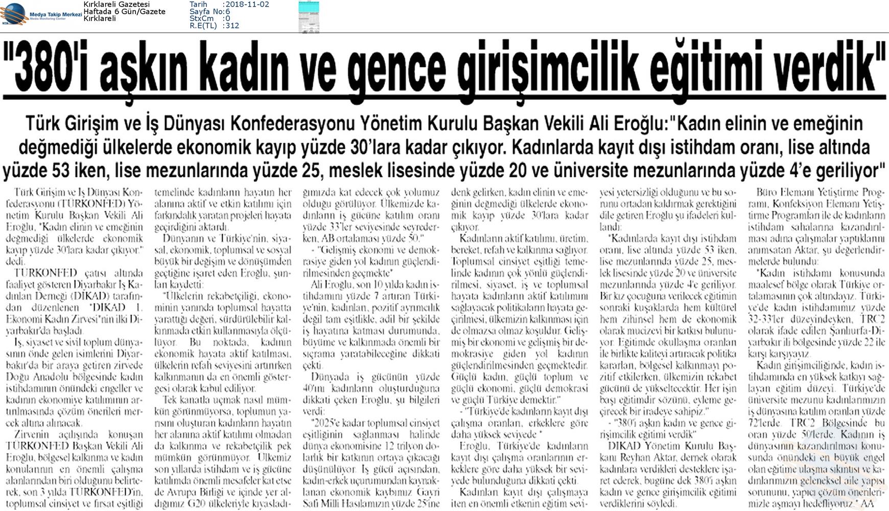1 DİKAD Ekonomi Ve Kadin Zirvesi Medya Yansimalari 1 Kasim 2018 Diyarbakir - 11
