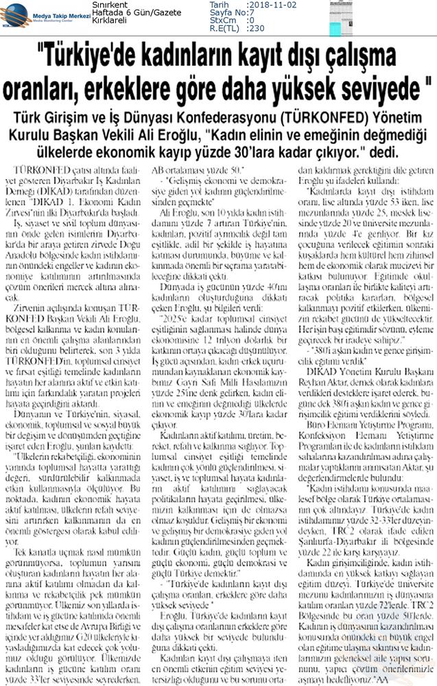 1 DİKAD Ekonomi Ve Kadin Zirvesi Medya Yansimalari 1 Kasim 2018 Diyarbakir - 24