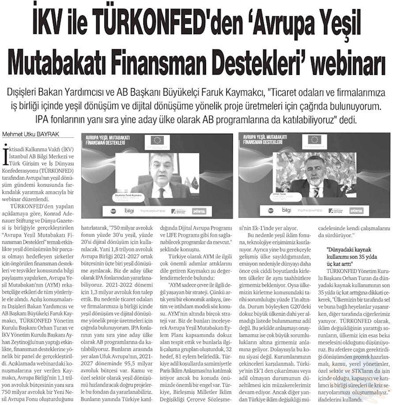 Avrupa Yesil Mutabakati Finansman Destekleri Webinari Basin Yansimalari 3 Agustos 2021 - 3