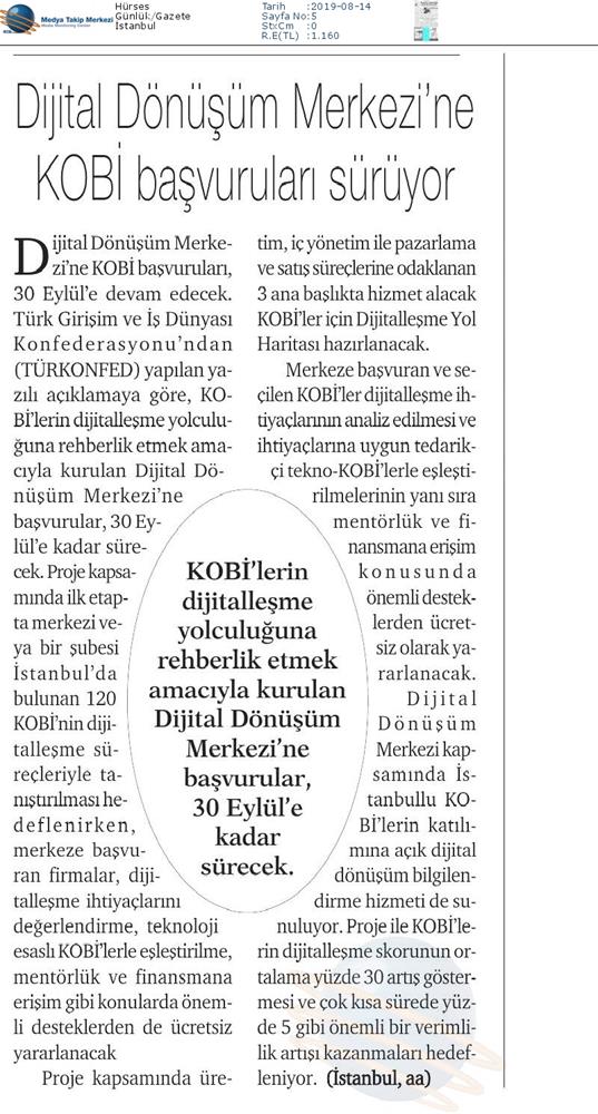 Dijital Dönüşüm Merkezine KOBİ Basvurulari Devam Ediyor Medya Yansimalari 7 Agustos 2019 - 1