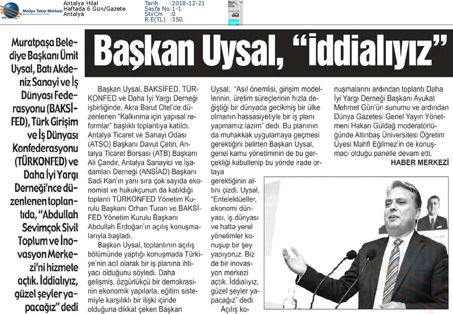 Kalkinma Icin Yapisal Reformlar Toplantısı Medya Yansimalari 19 Aralik 2018 Antalya - 13
