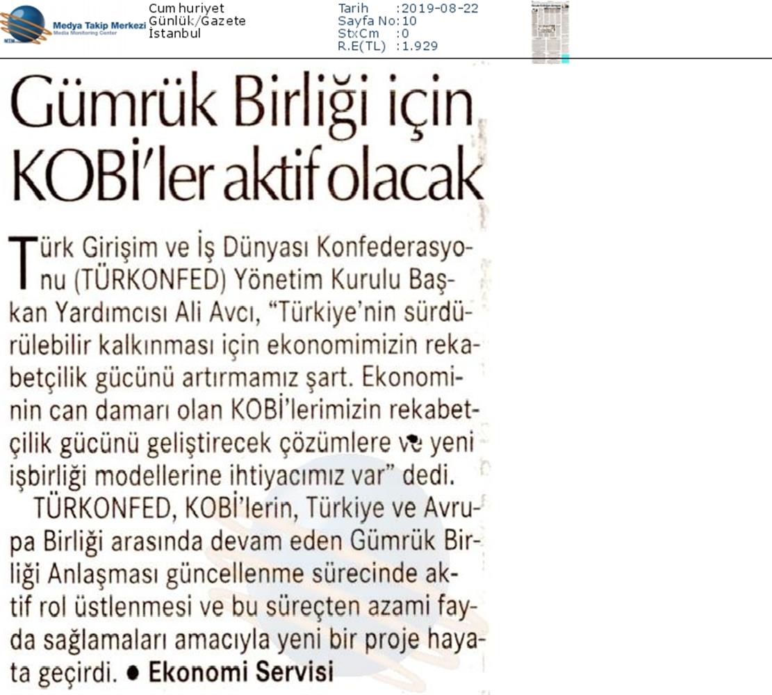 KOBİ'ler Icin Gumruk Birligi Medya Yansimalari 22 Agustos 2019 - 9