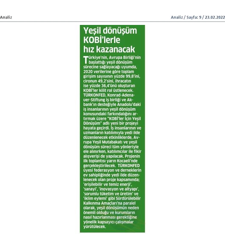 KOBİ'ler Icin Yesil Dönüşüm Projesi 24 Subat 2022 - 2