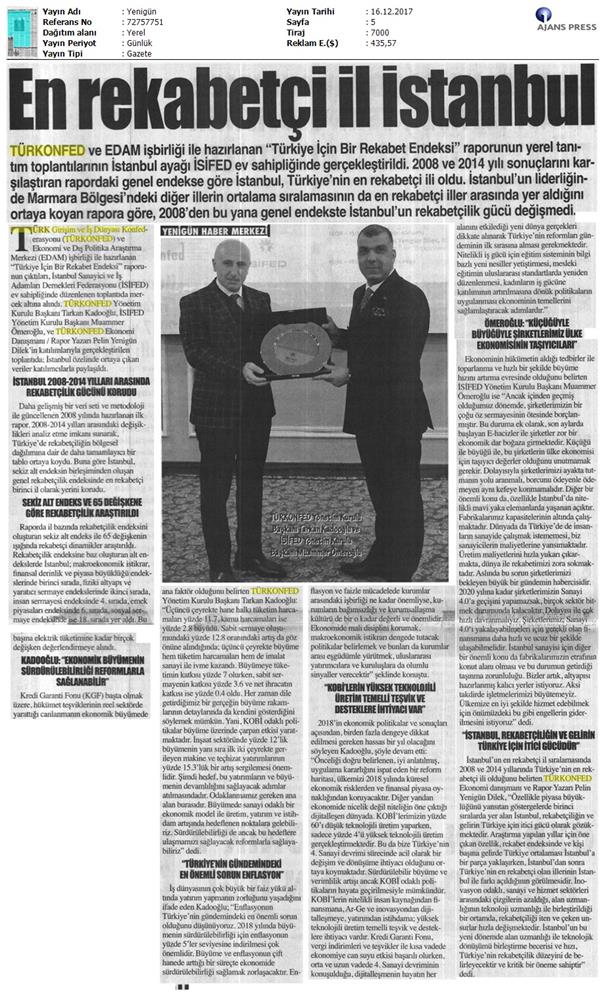 TÜRKONFED Isifed Rekabet Endeksi Tanitim Toplantısı Medya Yansimalari 14 Aralik 2017 Istanbul - 4