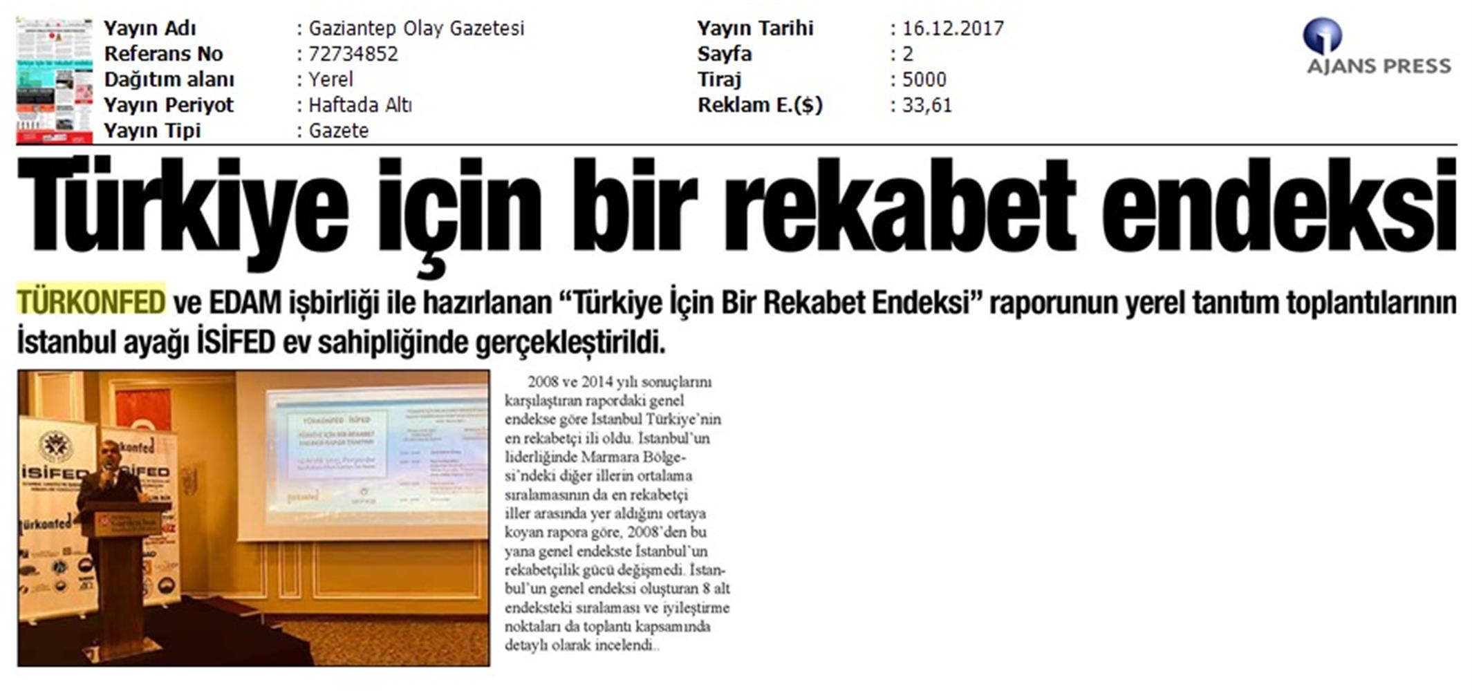 TÜRKONFED Isifed Rekabet Endeksi Tanitim Toplantısı Medya Yansimalari 14 Aralik 2017 Istanbul - 6