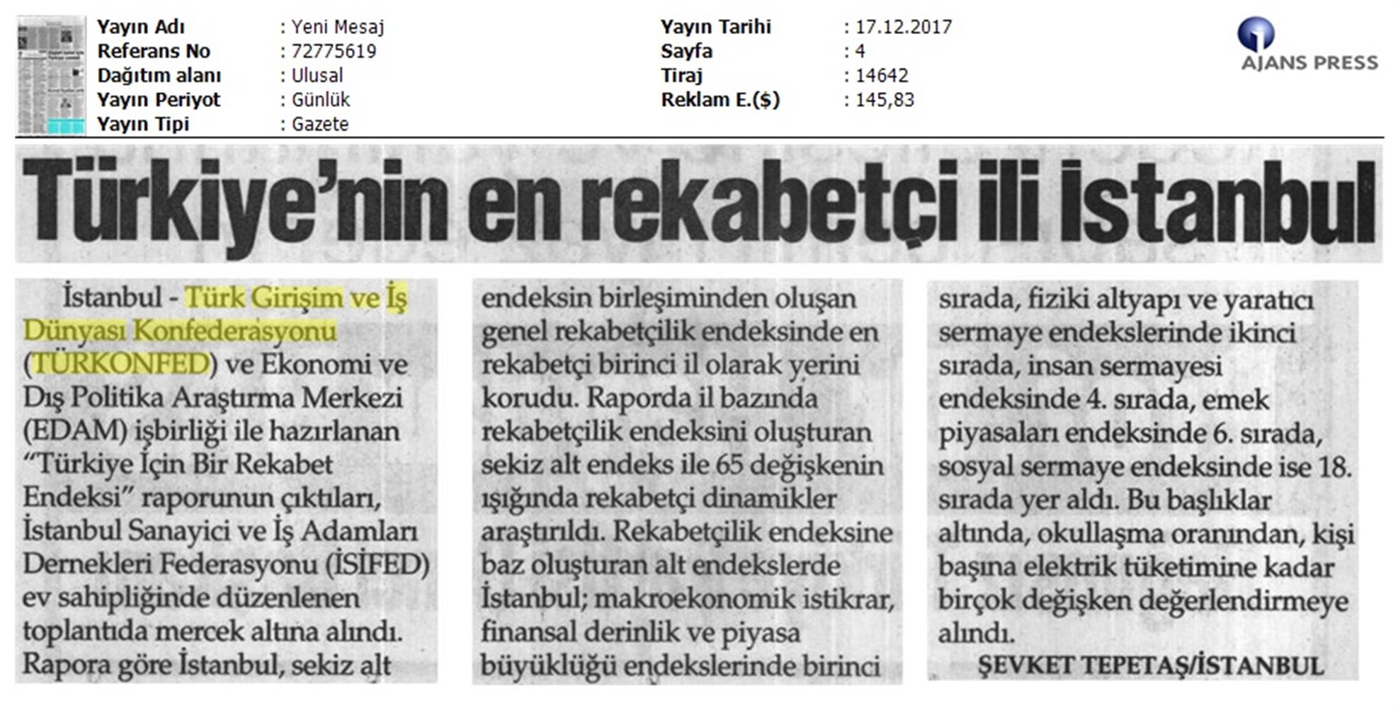 TÜRKONFED Isifed Rekabet Endeksi Tanitim Toplantısı Medya Yansimalari 14 Aralik 2017 Istanbul - 10