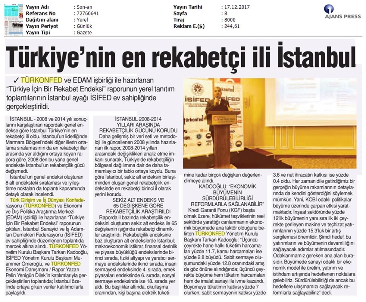 TÜRKONFED Isifed Rekabet Endeksi Tanitim Toplantısı Medya Yansimalari 14 Aralik 2017 Istanbul - 13