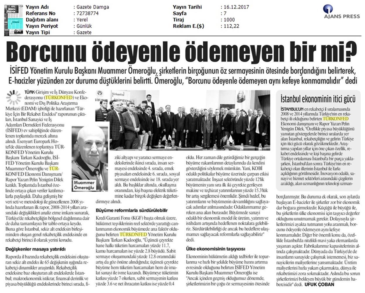TÜRKONFED Isifed Rekabet Endeksi Tanitim Toplantısı Medya Yansimalari 14 Aralik 2017 Istanbul - 17