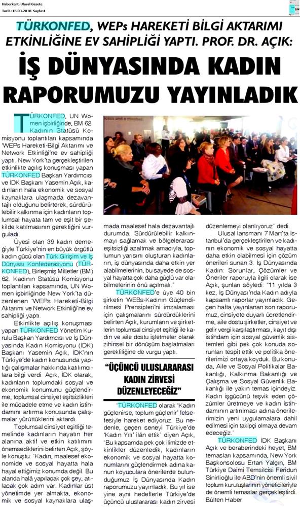 TÜRKONFED Un Women Weps Hareketi Bilgi Aktarimi Ve Network Etkinligi Medya Yansimalari 14 Mart 2018 New York - 3