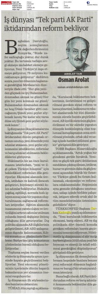 TÜRKONFED 1 Kasim Secimleri Aciklamasi Ulusal Gazetelerde Yansimalar - 9