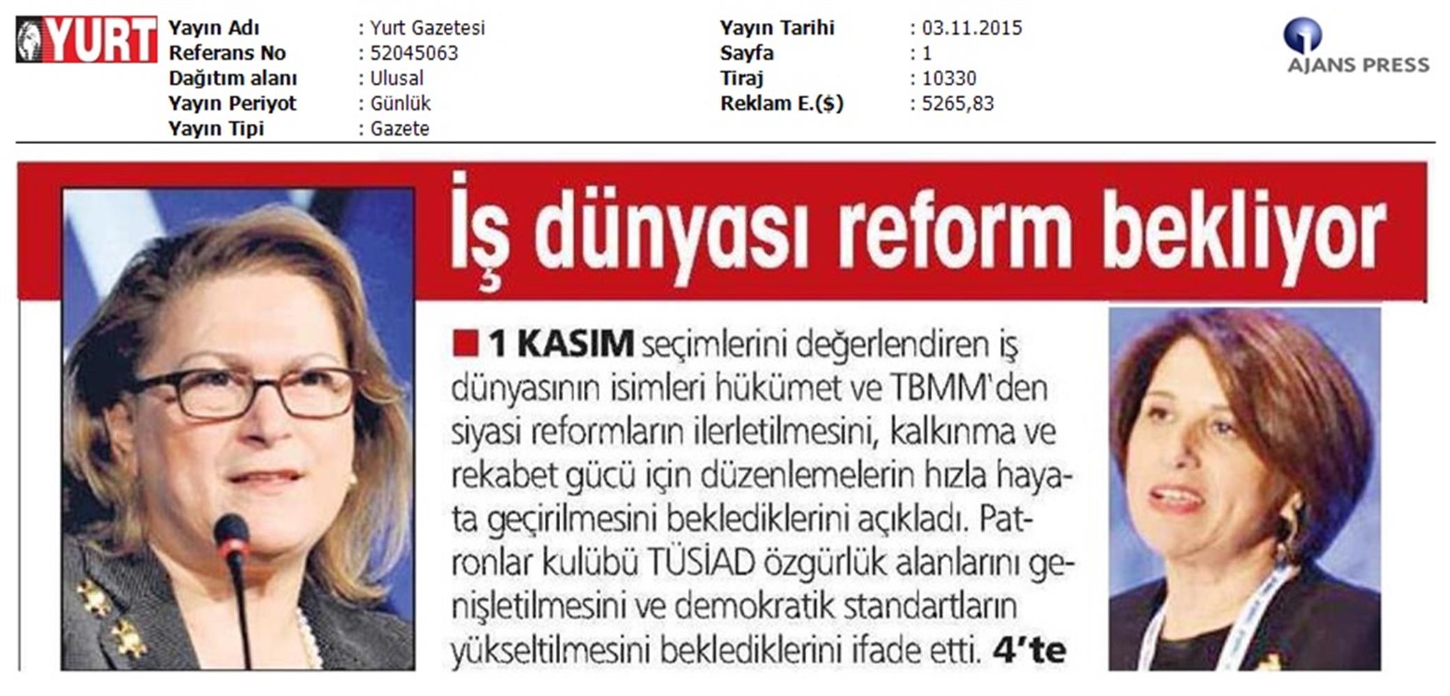 TÜRKONFED 1 Kasim Secimleri Aciklamasi Ulusal Gazetelerde Yansimalar - 12