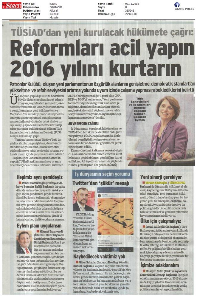 TÜRKONFED 1 Kasim Secimleri Aciklamasi Ulusal Gazetelerde Yansimalar - 13