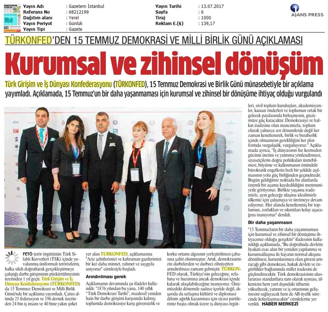 TÜRKONFED 15 Temmuz Demokrasi Ve Milli Birlik Gunu Basin Aciklamasi Medya Yansimalari 13 14 Temmuz 2017 - 2