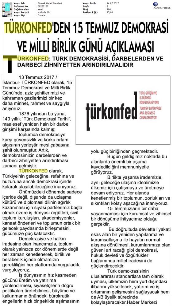 TÜRKONFED 15 Temmuz Demokrasi Ve Milli Birlik Gunu Basin Aciklamasi Medya Yansimalari 13 14 Temmuz 2017 - 12
