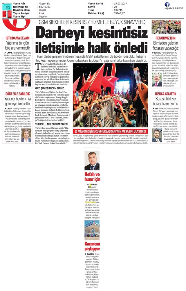 TÜRKONFED 15 Temmuz Demokrasi Ve Milli Birlik Gunu Basin Aciklamasi Medya Yansimalari 13 14 Temmuz 2017 - 14