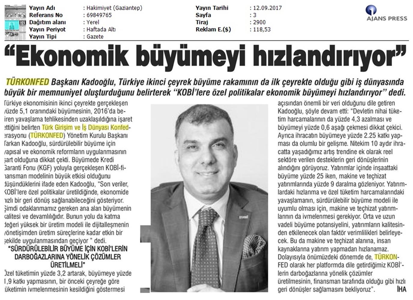 TÜRKONFED 2 Ceyrek Ekonomik Buyume Basin Bulteni Medya Yansimalari12 Eylul 2017 Istanbul - 12