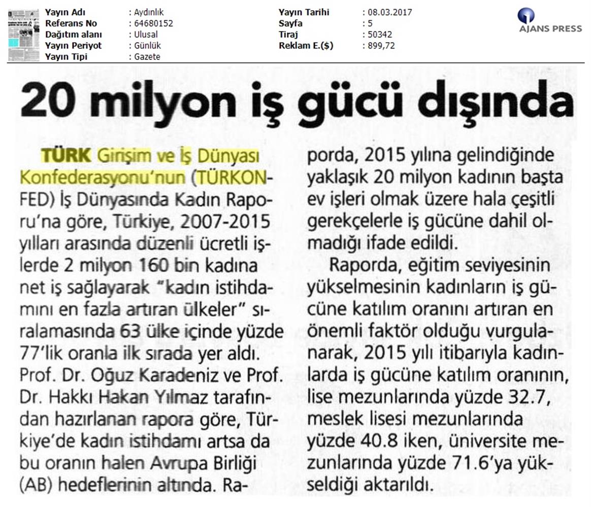 TÜRKONFED 2017 3 Is Dunyasinda Kadin Raporunun Ilk Faz Sonuclari Basin Yansimalari 8 Mart 2017 - 2