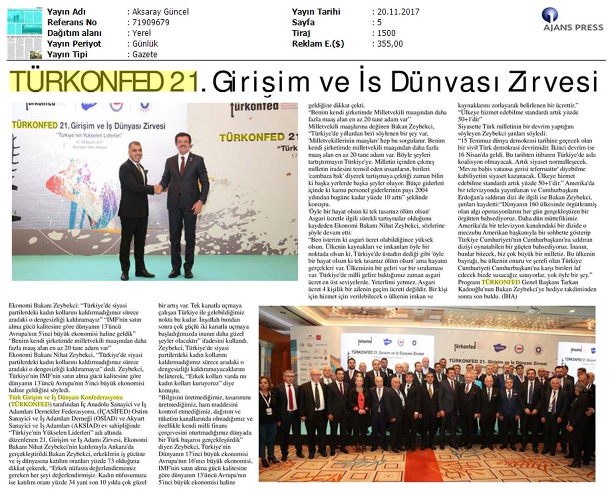 TÜRKONFED 21 Girişim Ve Is Dunyasi Zirvesi Medya Yansimalari 18 Kasim 2017 - 25