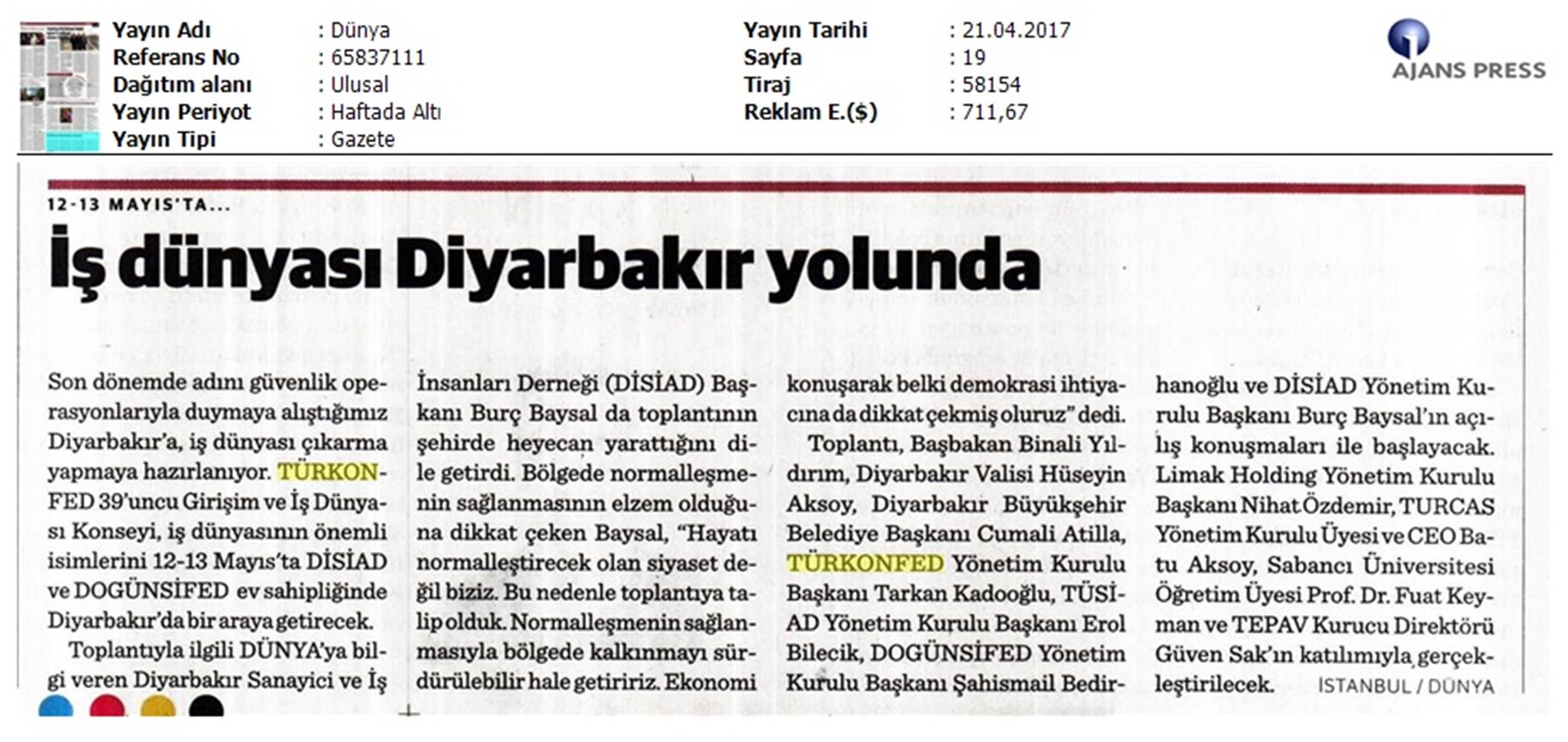 TÜRKONFED 39 Girişim Ve Is Dunyasi Konseyi On Basin Yansimalari 28 Nisan 2017 - 14