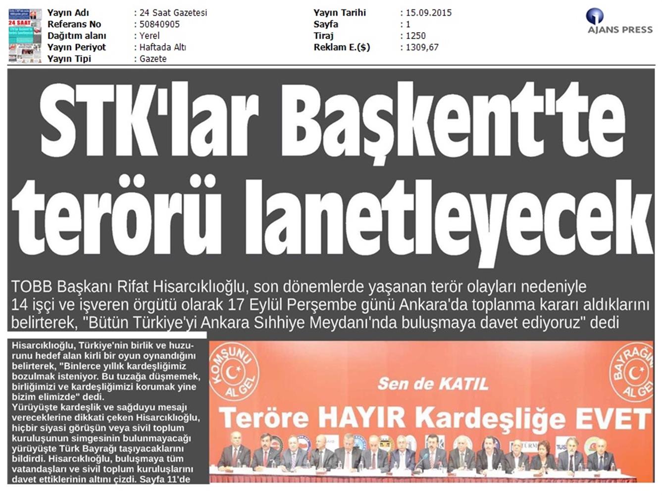 TÜRKONFED Basin Yansimalari Terore Hayir Kardeslige Evet - 23