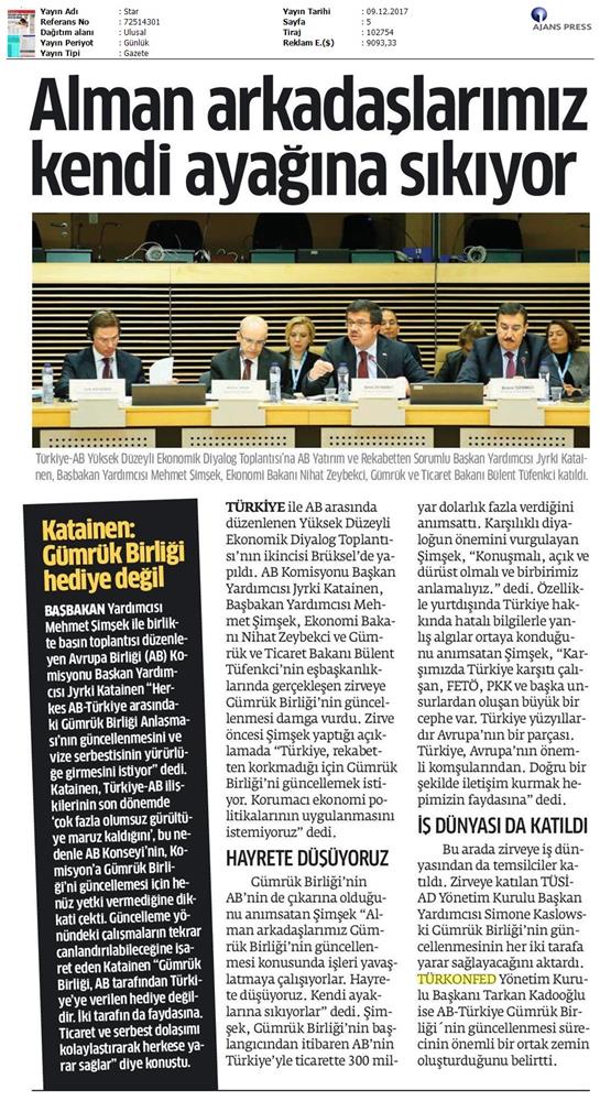 TÜRKONFED Başkani Kadooğlu Türkiye AB Ekonomi Diyalog Toplantısı Medya Yansimalari 8 Aralik 2017 - 26