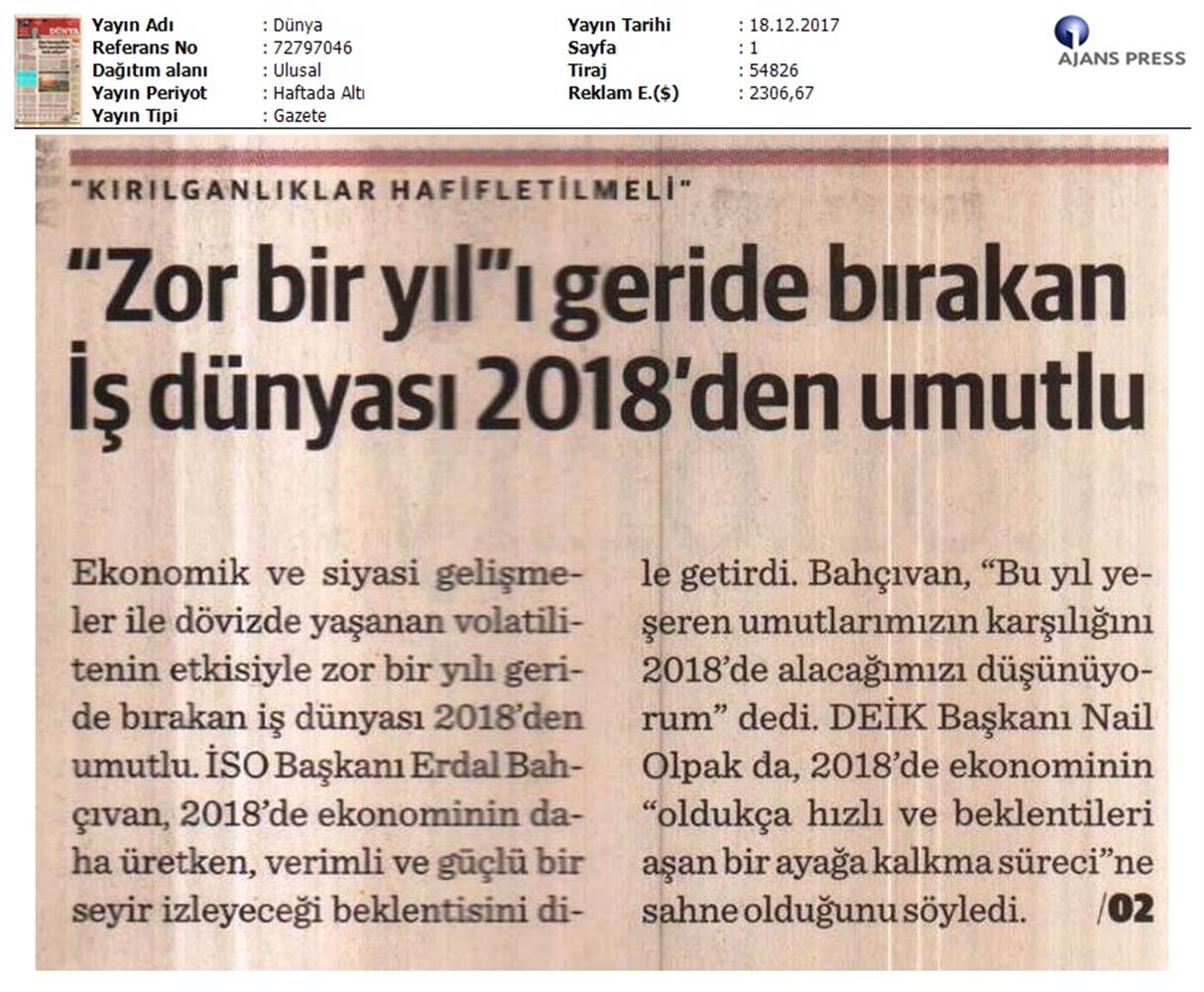 TÜRKONFED Başkani Kadooğlunun 2017 2018 Ekonomi Değerlendirmesi Medya Yansimalari 18 Aralik 2017 - 2