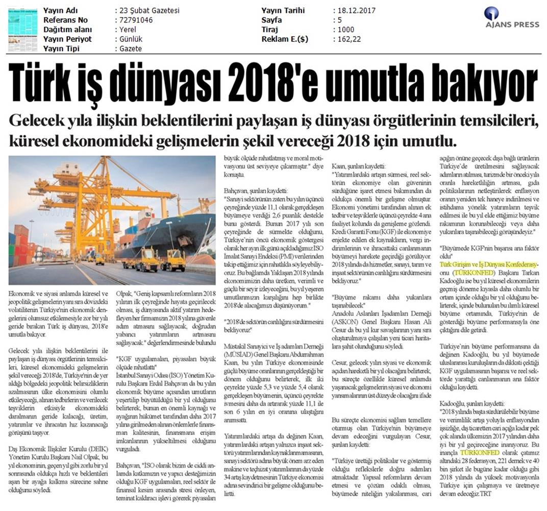 TÜRKONFED Başkani Kadooğlunun 2017 2018 Ekonomi Değerlendirmesi Medya Yansimalari 18 Aralik 2017 - 6