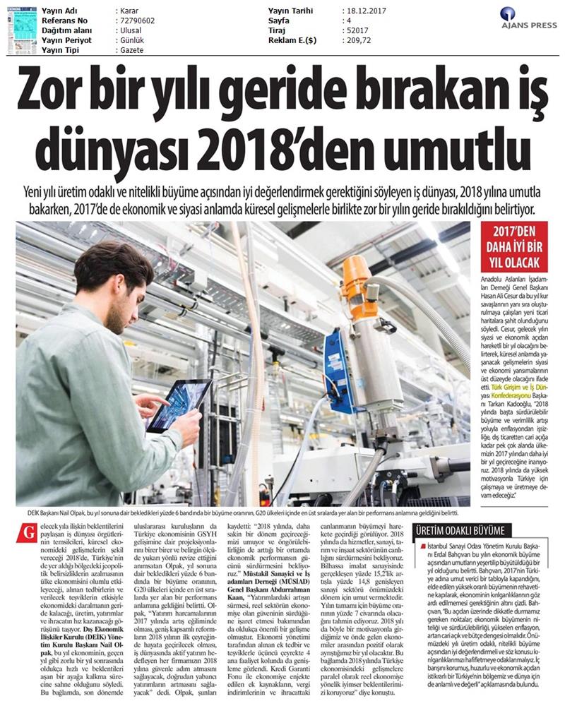 TÜRKONFED Başkani Kadooğlunun 2017 2018 Ekonomi Değerlendirmesi Medya Yansimalari 18 Aralik 2017 - 10