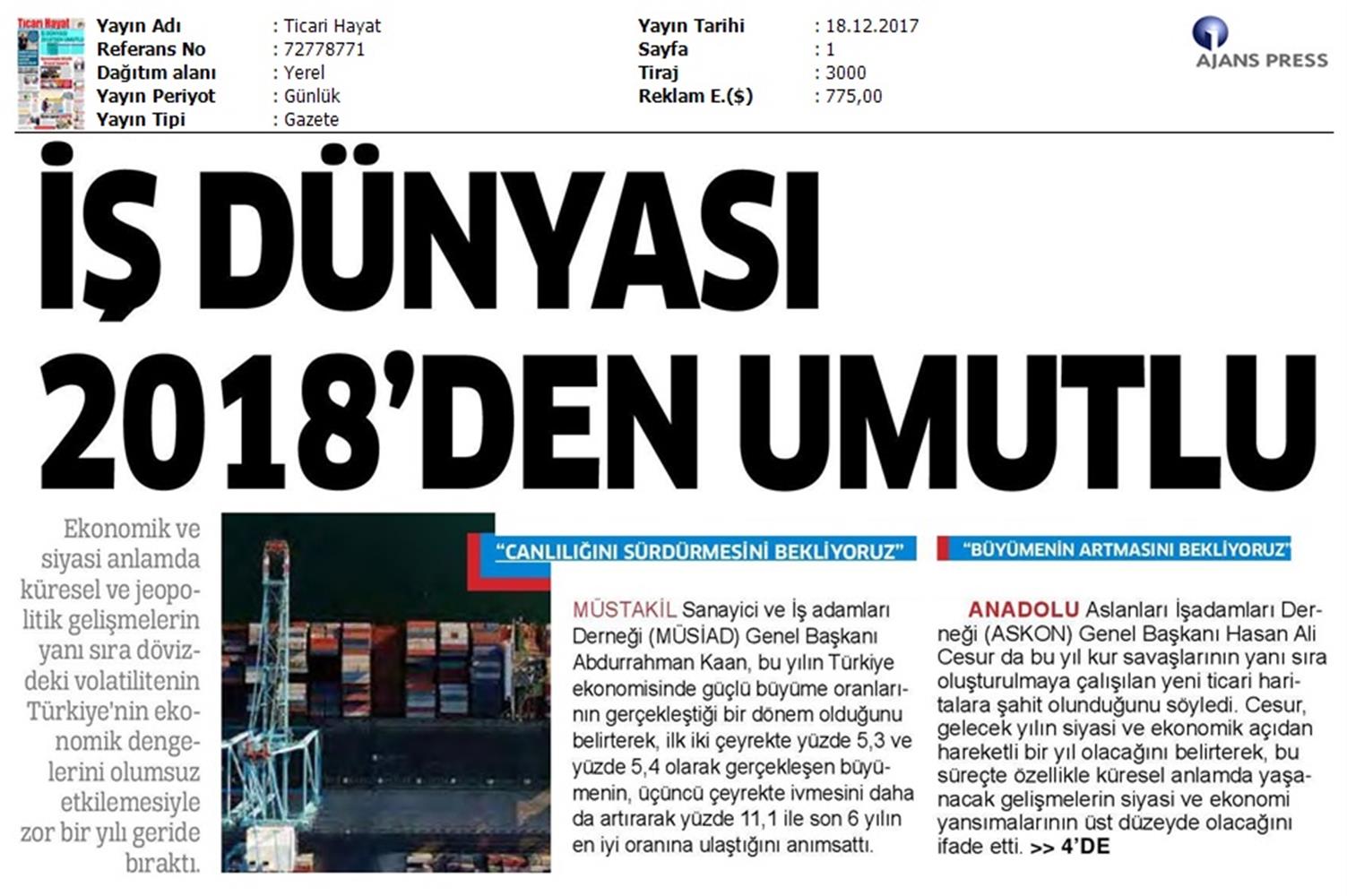 TÜRKONFED Başkani Kadooğlunun 2017 2018 Ekonomi Değerlendirmesi Medya Yansimalari 18 Aralik 2017 - 11