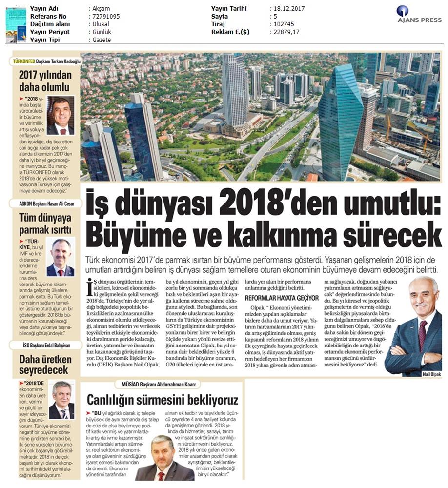 TÜRKONFED Başkani Kadooğlunun 2017 2018 Ekonomi Değerlendirmesi Medya Yansimalari 18 Aralik 2017 - 13