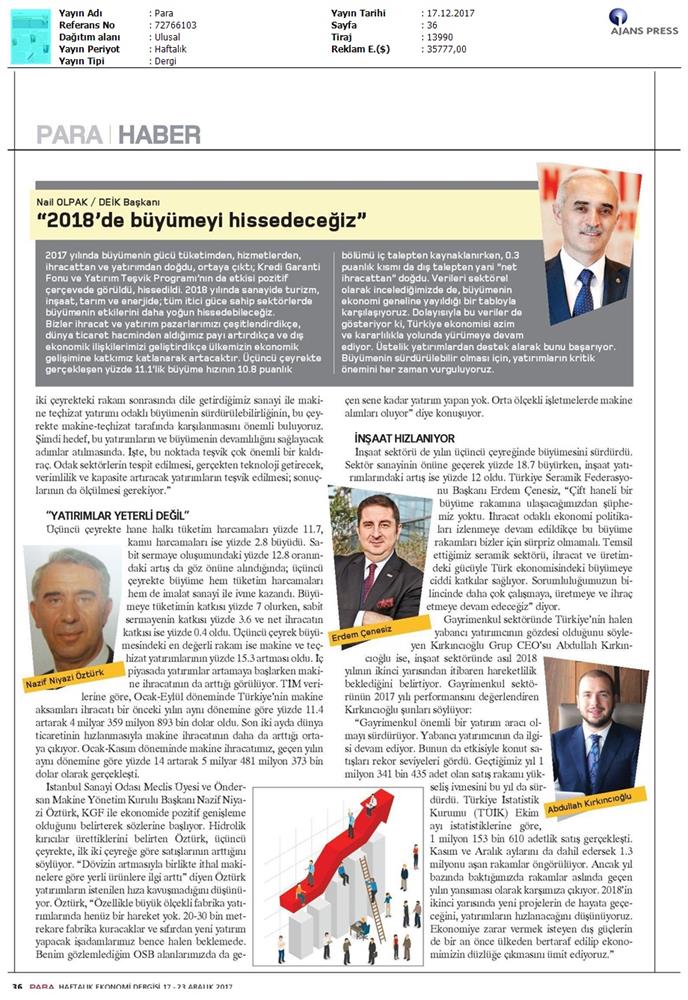 TÜRKONFED Başkani Kadooğlunun 2017 2018 Ekonomi Değerlendirmesi Medya Yansimalari 18 Aralik 2017 - 14