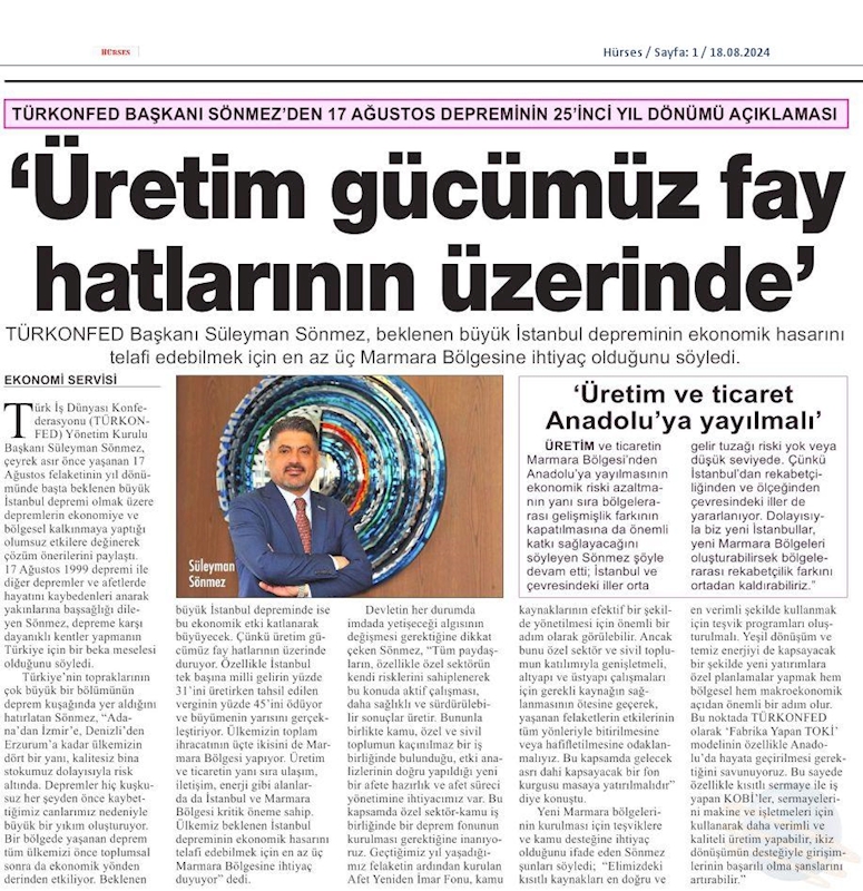 TÜRKONFED Başkani Suleyman Sönmezden 17 Agustos Deprem Felaketinin 25inci Yil Donumunde Aciklama - 17