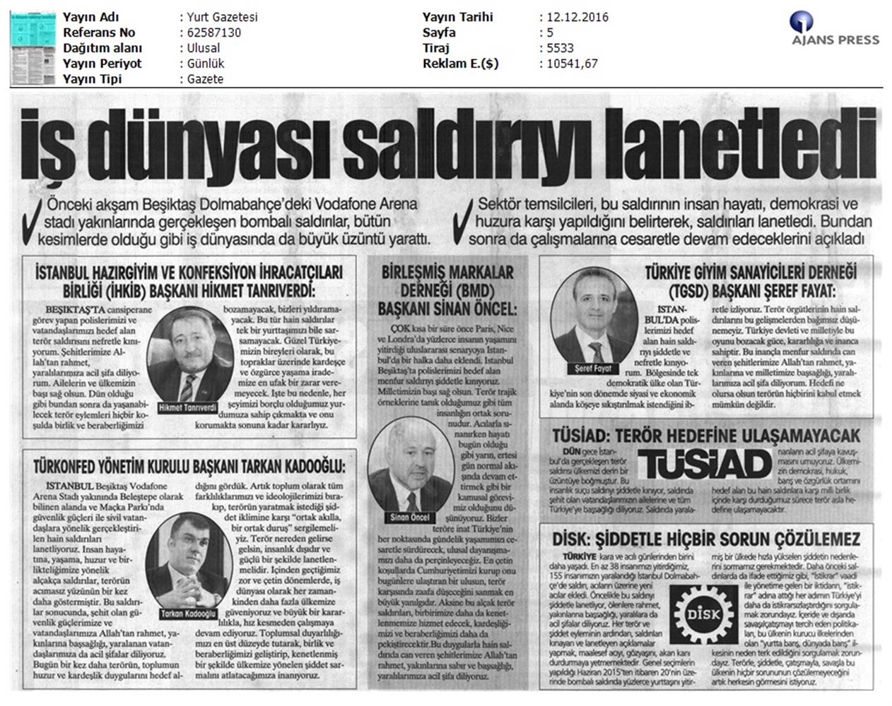 TÜRKONFED Besiktas Teror Saldirisi Basin Aciklamasi Yansimalari 12122016 - 12