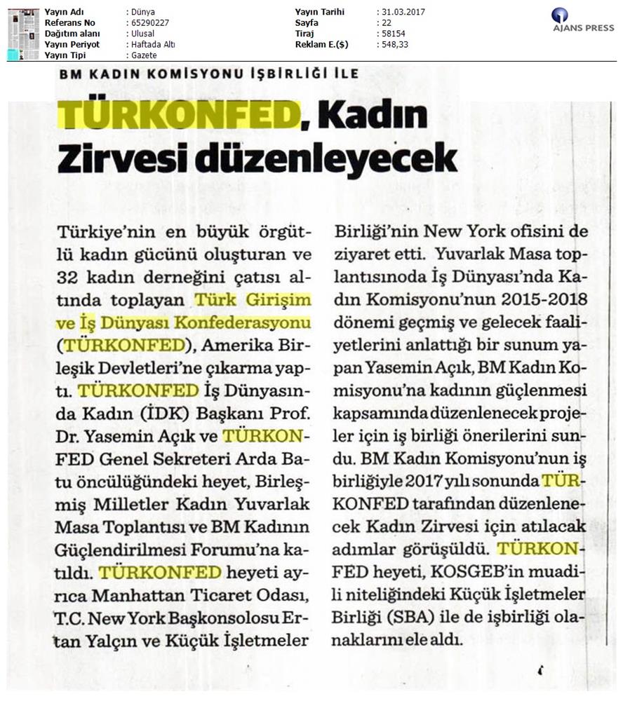 TÜRKONFED BM Kadin Komisyonundan Onemli İşbirliği Medya Yansimalari 30 Mart 2017 - 6