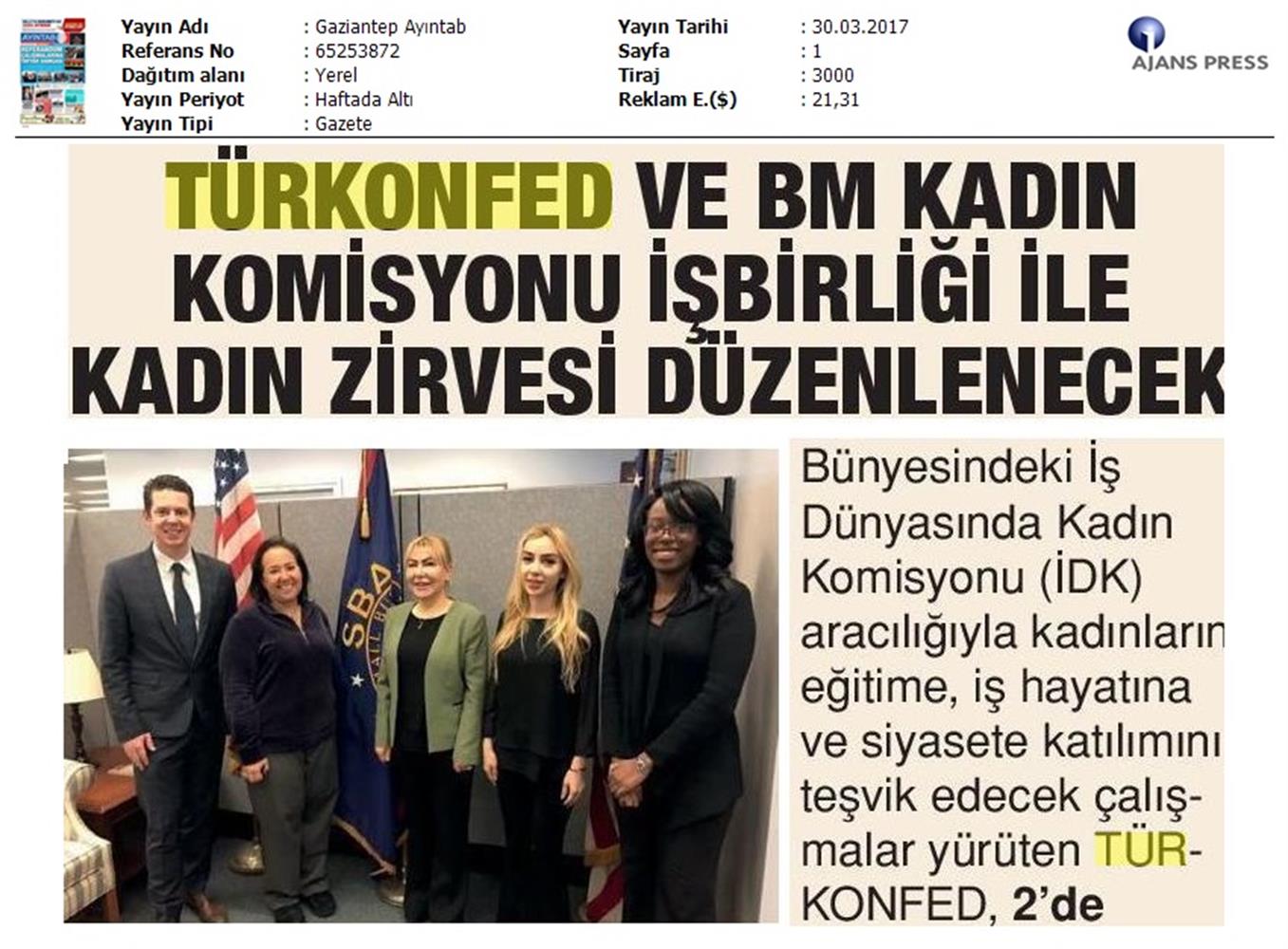 TÜRKONFED BM Kadin Komisyonundan Onemli İşbirliği Medya Yansimalari 30 Mart 2017 - 10