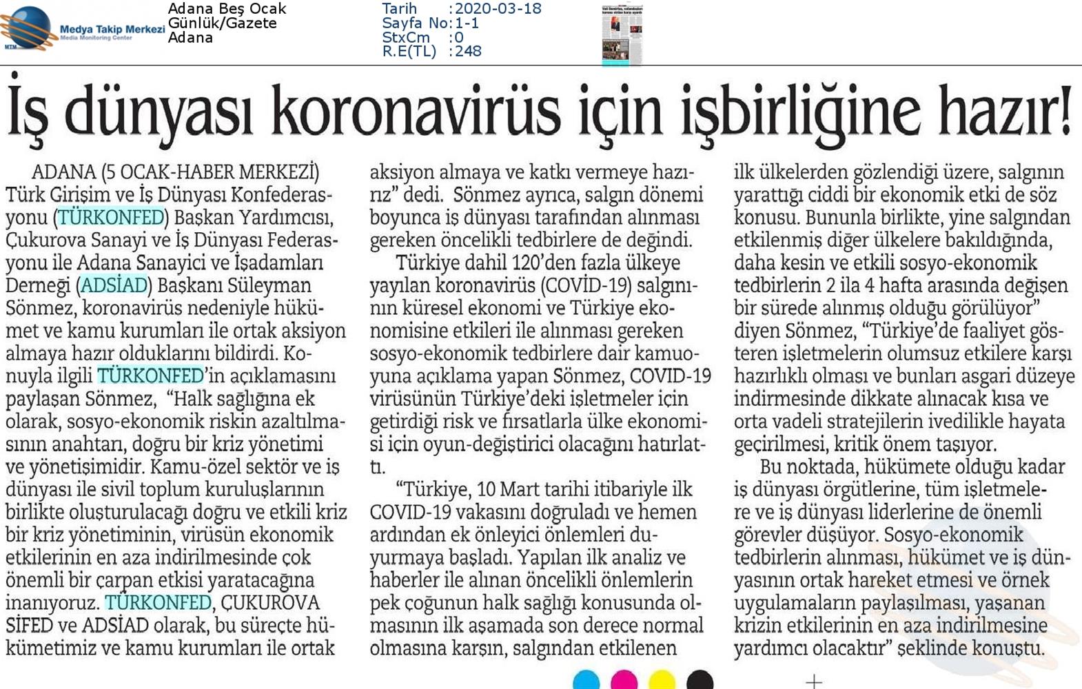 TÜRKONFED Coronavirus Basin Aciklamasi Medya Yansimalari 16 Mart 2020 - 11
