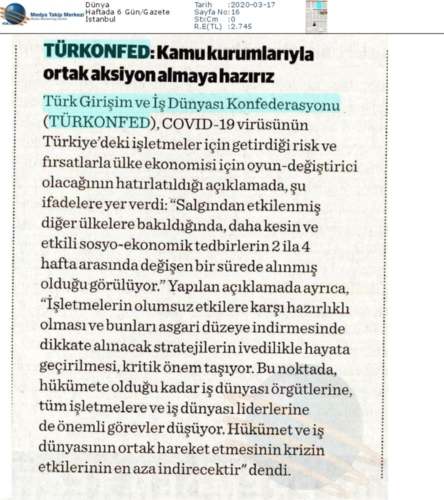 TÜRKONFED Coronavirus Basin Aciklamasi Medya Yansimalari 16 Mart 2020 - 13