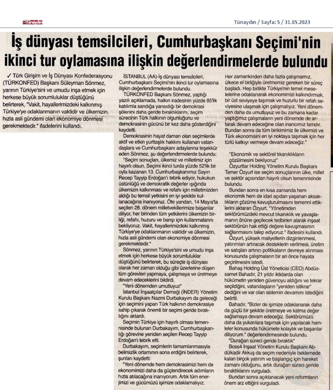 TÜRKONFED Cumhurbaskanligi Secim Sonucu Basin Aciklamasi 29 Mayis 2023 - 19