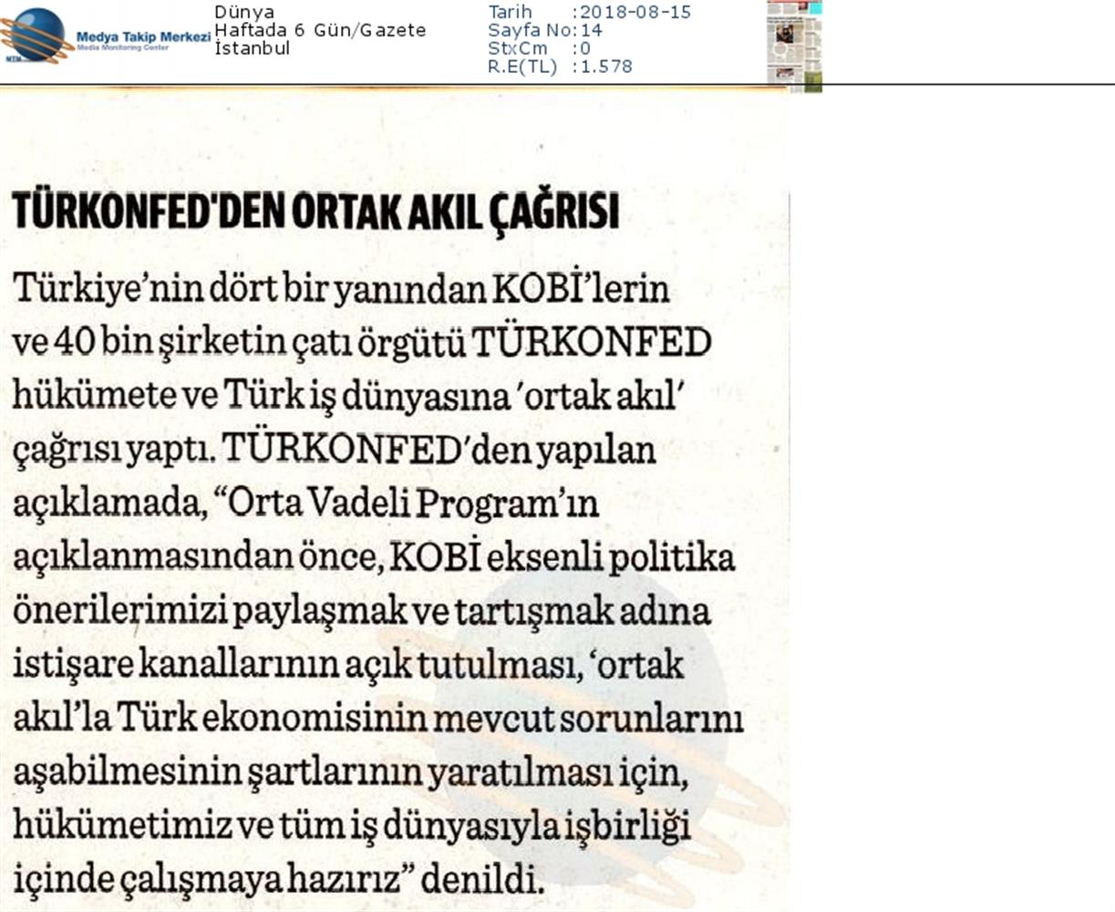 TÜRKONFED Den Hukumete Ve Turk Is Dunyasina Cagri Medya Yansimalari 14 Agustos 2018 - 5