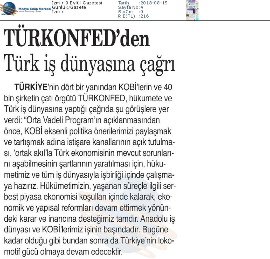 TÜRKONFED Den Hukumete Ve Turk Is Dunyasina Cagri Medya Yansimalari 14 Agustos 2018 - 9