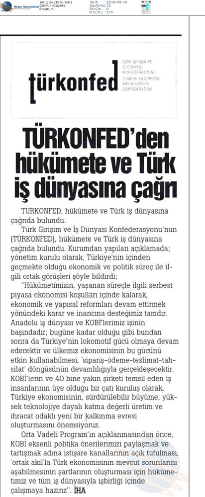 TÜRKONFED Den Hukumete Ve Turk Is Dunyasina Cagri Medya Yansimalari 14 Agustos 2018 - 10