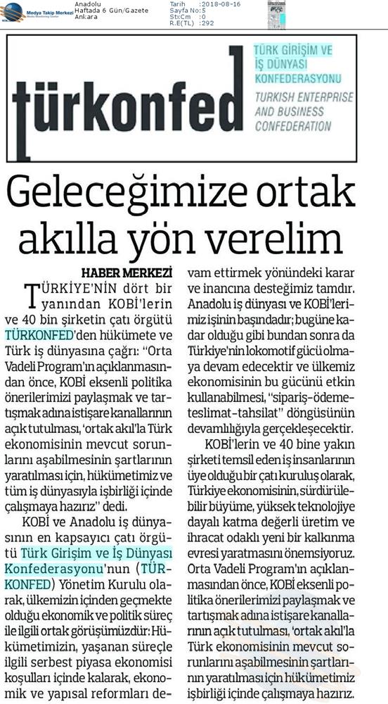TÜRKONFED Den Hukumete Ve Turk Is Dunyasina Cagri Medya Yansimalari 14 Agustos 2018 - 13