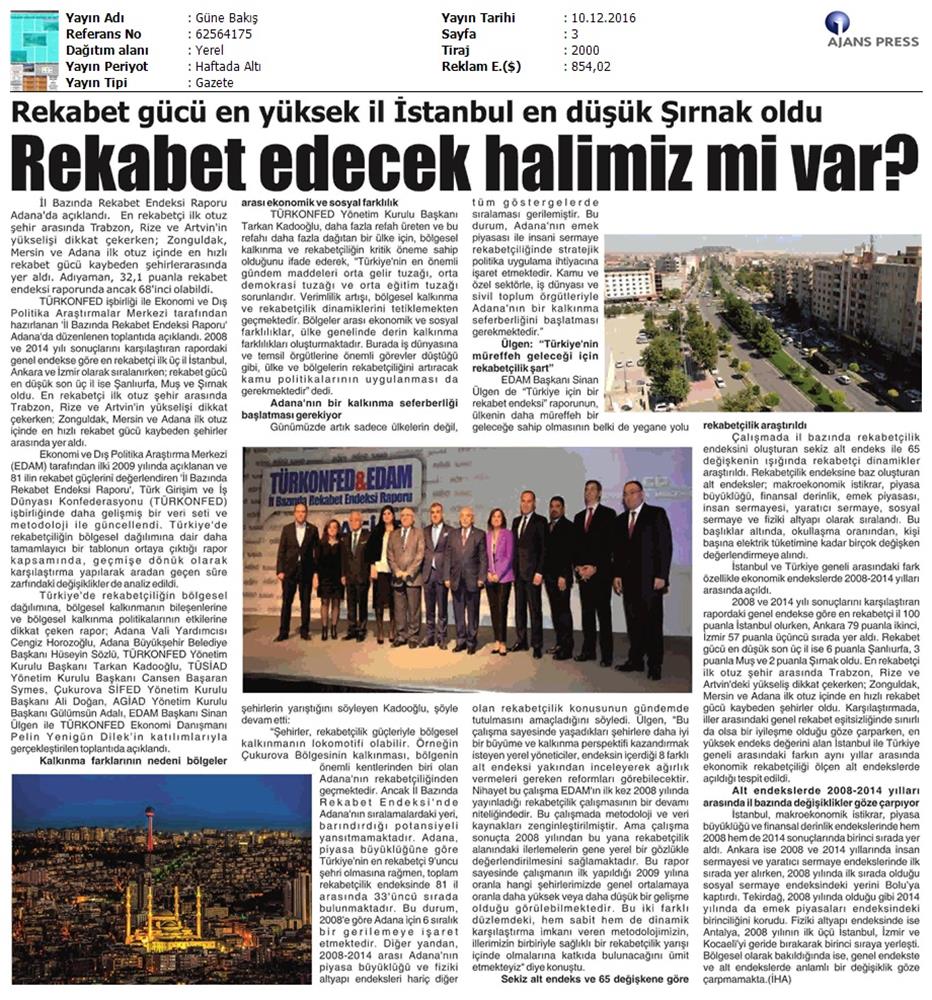 TÜRKONFED Edam Türkiye Icin Bir Rekabet Endeksi Rapor Tanitim Toplantısı Medya Yansimalari 9 Aralik 2016 - 2