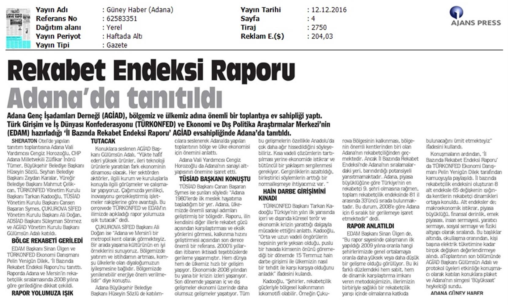 TÜRKONFED Edam Türkiye Icin Bir Rekabet Endeksi Rapor Tanitim Toplantısı Medya Yansimalari 9 Aralik 2016 - 7