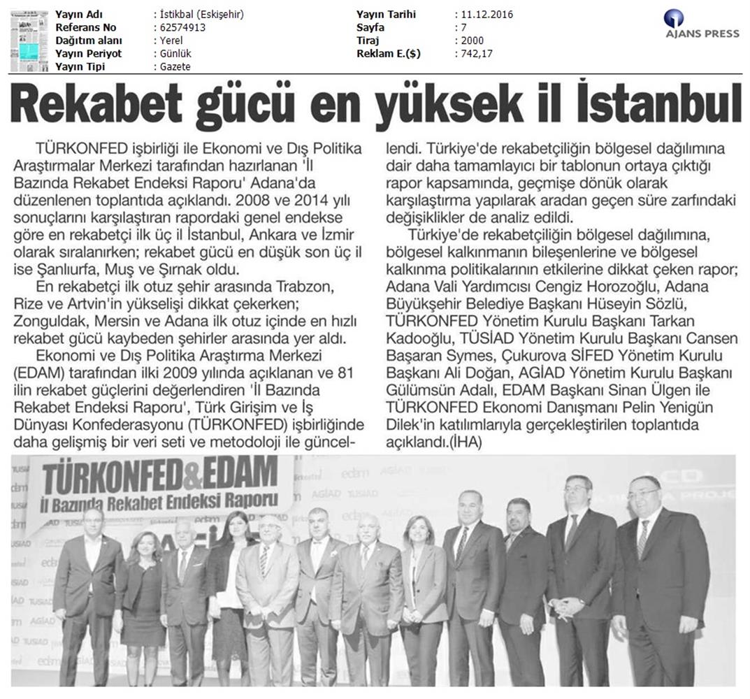 TÜRKONFED Edam Türkiye Icin Bir Rekabet Endeksi Rapor Tanitim Toplantısı Medya Yansimalari 9 Aralik 2016 - 11