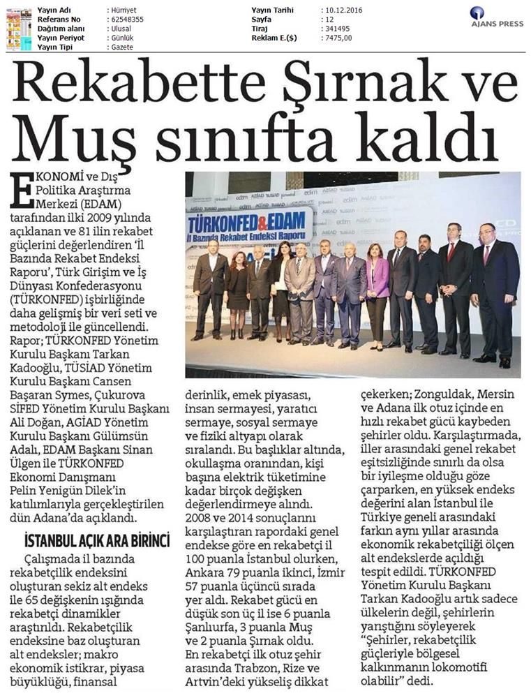 TÜRKONFED Edam Türkiye Icin Bir Rekabet Endeksi Rapor Tanitim Toplantısı Medya Yansimalari 9 Aralik 2016 - 20