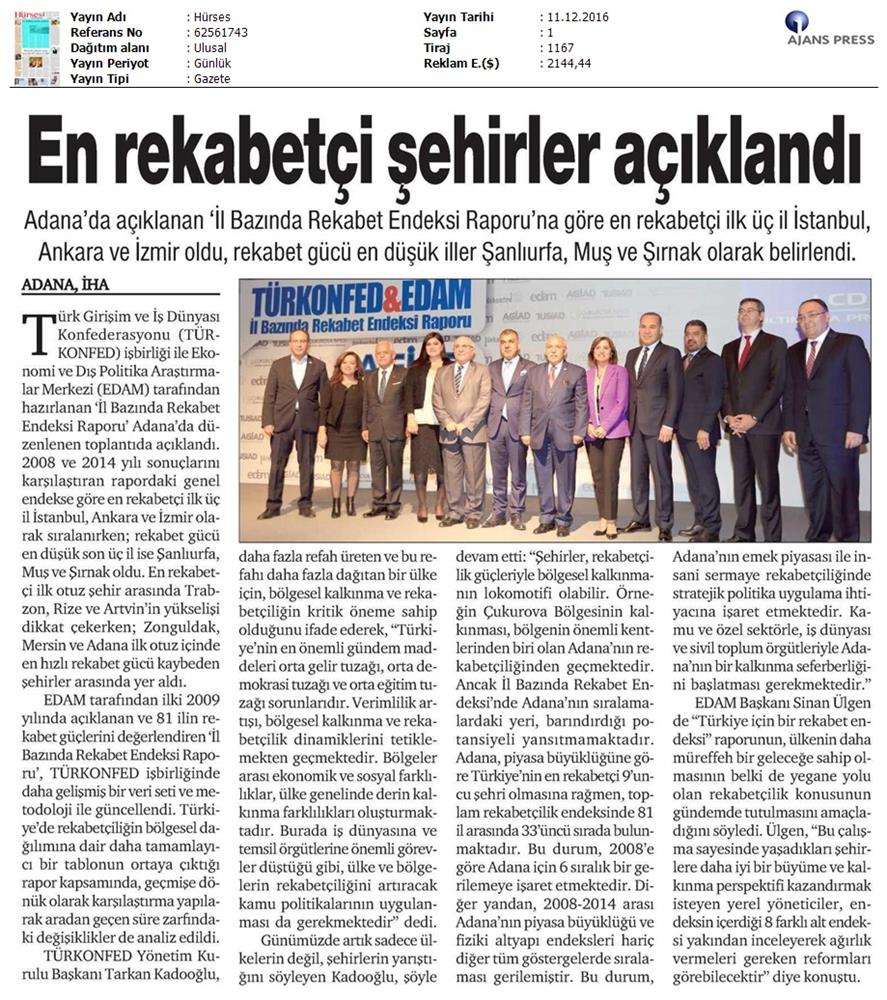 TÜRKONFED Edam Türkiye Icin Bir Rekabet Endeksi Rapor Tanitim Toplantısı Medya Yansimalari 9 Aralik 2016 - 28